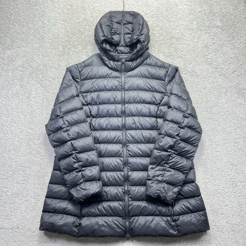 Eddie Bauer Puffer Jacket Womens 2XL Black Down Hooded Recycled Nylon Outdoor